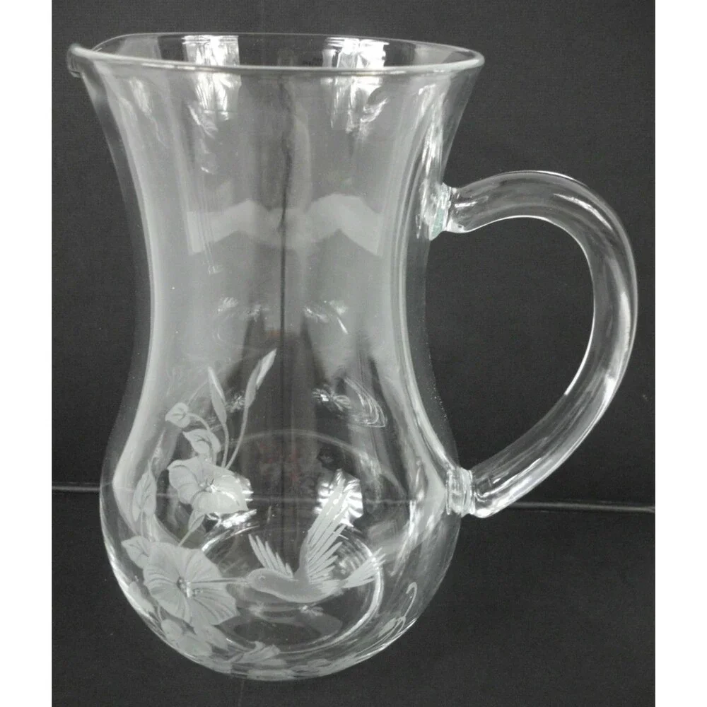 Vintage Avon Hummingbird Crystal Pitcher Etched Design Hand Blown Made in France